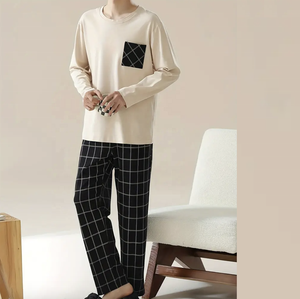 Ropa de dormir de algodón de talla grande para hombre, ropa de casa de algodón para hombre, traje a rayas, pantalones transpirables, cuello redondo fino, jersey para hombre, pijama estampado - Product Image 5