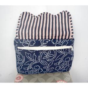 Vintage Cotton Cosmetic Bag Blue Tassel Quilted Pouch Zipper Closure Eco-Friendly Portable Makeup Organizer From Rajasthan - Product Image 2