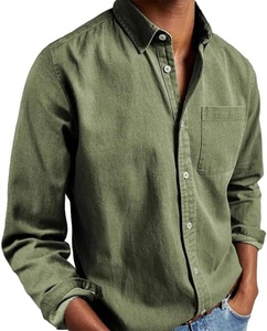 Camisa de hombre de algodón verde oliva con botones, manga larga, color sólido, cuello vuelto, corte regular, transpirable, para todas las estaciones - Product Image 5