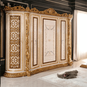Armario de Estilo Clásico Tradicional Ecológico, Tallado a Mano en Madera Maciza con Hojas de Oro, Cuatro Puertas, Tiradores de Acero Inoxidable, para Dormitorio - Product Image 2