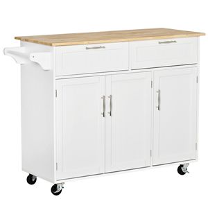 Carrello da Cucina Portatile Bianco con Piano in Legno Resistente e 2 Cassetti - Product Image 1