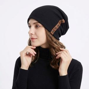 <b>Women</b> Machine Knitted Beanie Solid Color Black <b>Winter</b> <b>Hat</b> Button Decoration Casual Style for Adults 56-58CM Head Circumference - Product Image 2