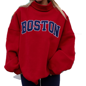 Sweat-shirt décontracté d'hiver surdimensionné rouge en coton éponge à col montant et broderie frontale pour femme, en polyester/coton - Product Image 3