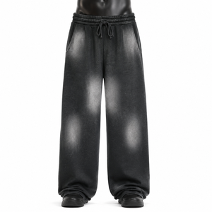 2026 Pantalon de survêtement en toile unisexe personnalisé, style vintage, effet délavé soleil, coupe ample, coupe droite et évasée, décontracté, 100% Coton - Product Image 1