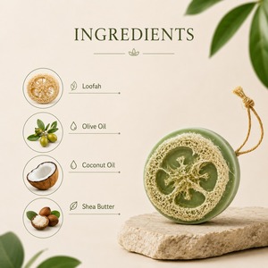 Savon exfoliant bio au loofah, fait main, aux extraits végétaux pour une exfoliation douce du corps. Fabrication OEM disponible. - Product Image 4