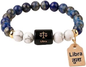 Pulsera de Grado Premium del Zodiaco Libra, Cuentas de Lapislázuli Azul de 8mm y Mármol Blanco con Dije de Piedra Negra, Joyería Hecha a Mano con Grabado Láser - Product Image 1
