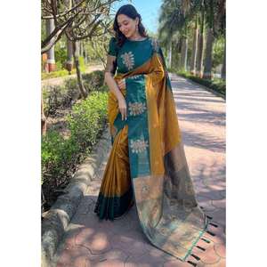 ผ้าไหมบานาราซีผ้าทอสีทองผ้าซาริเสื้อเบลาส์ผ้าดิบปักลายแฟนซี - Product Image 1