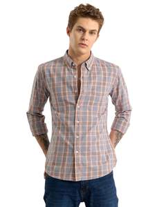 Camisa de algodón a cuadros gris claro y melocotón para hombre, manga larga, con botones, informal, de fábrica OEM, corte personalizado, de primera calidad. - Product Image 1