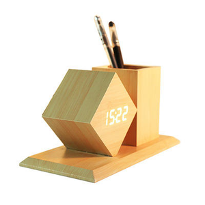 Multi-function Table Desk Wooden Pen Holder with Digital <b>LED</b> Alarm <b>Clock</b> - Product Image 6