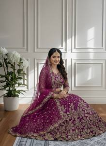 Blue Embroidered A-Line Floor-Length <b>Lehenga</b> Choli Wedding Engagement Outfit Floral Beaded Modern Dress Set for Women Party - Product Image 4