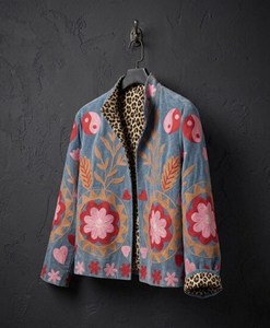Premium <b>Light</b> Blue Velvet Embroidered Suzani Jacket Floral Pattern Full Sleeve Stand Collar Handmade Bohemian Style Winter <b>Coat</b> - Product Image 2