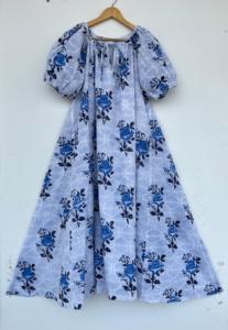 Women White Blue Floral Hand Block Printed Cotton <b>Maxi</b> <b>Dress</b> Tie Neck Puff Sleeve Loose A Line Boho Summer Vacation <b>Dress</b> - Product Image 1