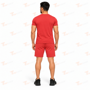 <b>Men's</b> <b>Red</b> Cotton T-<b>Shirt</b> and Shorts Set Casual Summer Wear Front Logo Print Breathable Knitted Fabric <b>Men</b> <b>Shirts</b> & Shorts - Product Image 3