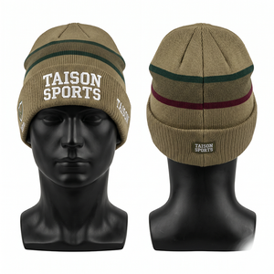 Premium 320 GSM Acrylic Knit Rugby Beanie Khaki Green Maroon Stripe Cuffed Custom Embroidery Woven Label - Product Image 1
