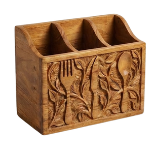 Grand porte-ustensiles en bois sculpté en teck et acacia, organisateur d'ustensiles de cuisine, vente en gros - Product Image 5