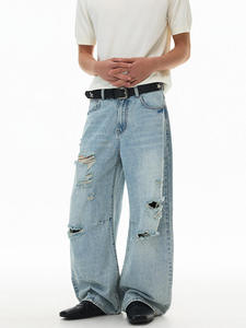 Jeans en denim personnalisés avec strass pour hommes, style streetwear, coupe baggy, effet usé, jambe large, haute qualité, fabricant - Product Image 4