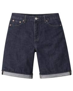 Pantalones cortos de mezclilla azul oscuro personalizados para hombre, con dobladillo vuelto, corte regular, informales, para verano, con cierre de botones, de algodón. - Product Image 1