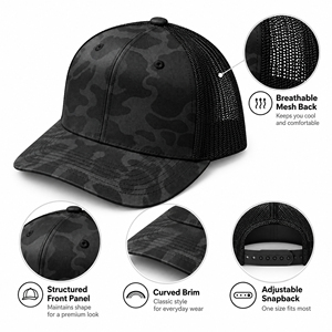 Casquette Trucker Camouflage Noir Tendance avec Logo Personnalisé, 5 Panneaux en Toile et Maille, Snapback, pour Extérieur, Plage, Streetwear, Vente en Gros - Product Image 3