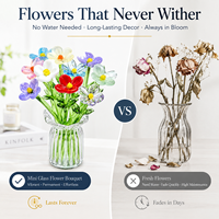 Arrangement floral miniature en verre fait main avec vase, fleurs en verre artistique colorées, décoration de bureau, cadeau, ensemble en gros