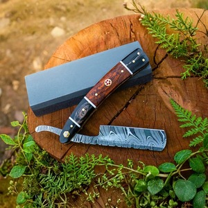 Damascus Steel Sheepsfoot Knife Wood Handle Straight Edge Thumb Knob Folding <b>Camping</b> Knife 8" In Overall Length - Product Image 1