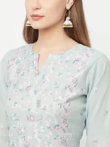 Salwar Kameez en coton bleu clair pour femmes avec dupatta brodé, tenue traditionnelle indienne et pakistanaise, longueur cheville, coupe classique - Product Image 5