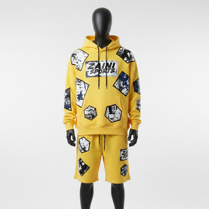 Conjunto de Sudadera con Capucha y Pantalones Cortos de Felpa de Mezcla de Algodón Premium para Hombre, con Panel Amarillo Estampado y Logotipo Personalizado - Product Image 6