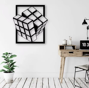 Décoration murale en métal 3D en forme de cube, art mural géométrique moderne inspiré des puzzles, fait main, décoration d'intérieur, découpe au laser noire, suspension murale en métal - Product Image 3