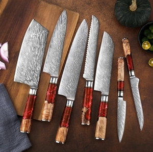 Ensemble de couteaux de cuisine écologiques avec manches en bois de résine rouge exquis, acier Damas 67 couches, cœur en acier japonais VG10, couteau de chef - Product Image 3