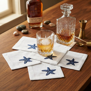 Vente en gros 100% lin bleu étoile de mer brodé serviettes de Cocktail à la main 6x6 'serviette de boisson pour les mariages maison hôtel Bar - Product Image 1