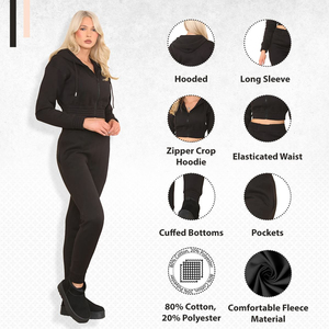 Conjunto Deportivo de Sudadera Corta Negra para Mujer, Pantalones Jogger de Algodón Premium, Ropa Deportiva para Gimnasio, Atuendo Informal de Invierno - Product Image 3