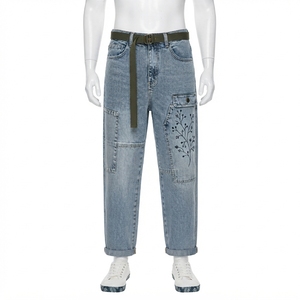 Jeans de Mezclilla Lavada para Hombre, Corte Recto, Cintura Alta, Ajuste Regular, Color Sólido, Estilo Casual de Algodón para Otoño - Product Image 1