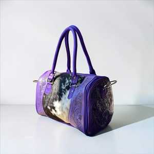 Genuine Leather Fashion Bohemian Barrel Bag with Rivet Tassel <b>Hair</b>-On Cowhide Panel Floral Embossing Two Handles Zipper Closure - Product Image 3