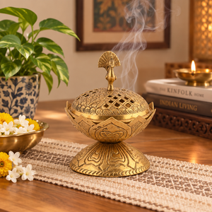 Encensoir en laiton Paon avec base Lotus, couvercle filigrané sculpté, en métal doré, pour Bakhoor et Dhoop, décoratif pour temple - Product Image 2