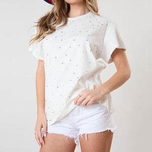 Camisetas de Verano para Mujer, Cuello Redondo, Manga Corta, Multicolores, con Diamantes de Imitación, Camisetas de Algodón con Diamantes de Imitación Multicolores - Product Image 1