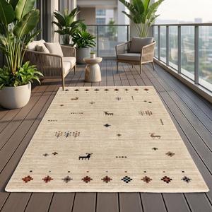 Alfombra de Lana Hecha a Mano con Diseño Tribal Beige y Motivos Nómadas, Alfombra Decorativa Hecha a Mano para Sala de Estar - Product Image 5