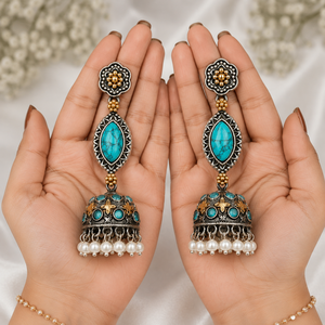 Boucles d'oreilles pendantes bohèmes ARTS JEWELS pour femme, en argent oxydé bicolore, motif fleur antique, serties de pierres turquoise, pour fiançailles - Product Image 4