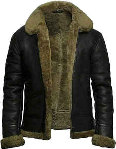 Veste d'aviateur en cuir véritable pour homme avec doublure en fausse fourrure, coupe-vent, style motard, manteau d'hiver, coupe régulière, fermeture éclair - Product Image 1