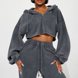 High Quality Casual Two-Piece Women's Winter Sports Wear <b>Set</b> Solid Pattern Acid Wash Joggers & Hoodie Top Zipper Rhineston <b>Sets</b> - Product Image 3