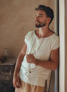 Tunique artisanale en coton brut pour homme, texturée à la main, style bohème blanc, chemise d'été minimaliste à manches courtes, Kurta - Product Image 3