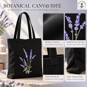 Black Canvas Tote <b>Bag</b> with Lavender Floral Print and <b>Long</b> Handles | Casual Women's Shopping Carry <b>Bag</b> for Daily Use and Travels - Product Image 5