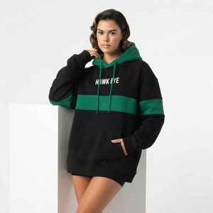 <b>Women</b> <b>Black</b> Green Color Block Oversized Hoodie Long Drop Shoulder Pullover Sweatshirt - Product Image 1