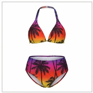 Conjunto de Bikini de 2 Piezas con Estampado de Palmeras Tropicales para Mujer, Cuello Halter, Cintura Alta, Traje de Baño de Spandex y Poliéster Elástico para Playa - Product Image 1