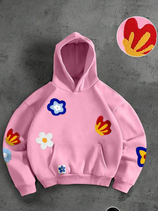 Sudadera con Capucha Extra Grande de Felpa Gruesa con Parche de Chenilla Rosa Bordado, Sudadera para Hombre con Apliques Multicolores, Logotipo Personalizado, Fábrica ODM - Product Image 2