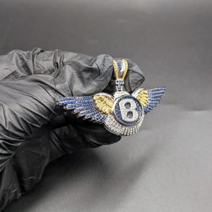 Colgante de Plata 925 con Letra B Personalizada Estilo Hip Hop y Alas de Ángel, con Zafiro Azul y Moissanita, Joyería Fina - Product Image 5