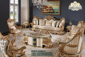 Conjunto de sofá clásico de estilo antiguo para sala de estar, conjunto de sofá de teca tallado a mano, muebles de salón de estilo italiano - Product Image 2