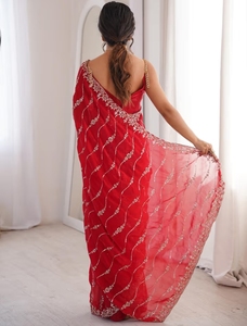 KV Satin <b>Red</b> Embellished Designer <b>Saree</b> With Unstitched Blouse - Product Image 5