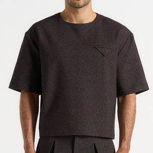 Men's Oversized Knitted Cotton T-Shirt O-Neck Short Sleeve Minimalist Solid Color Breathable Front <b>Logo</b> Design - Product Image 4