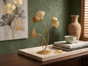 Ensemble de 2 sculptures de feuilles de Ginkgo en métal doré, figurines botaniques décoratives, accents de décoration d'intérieur modernes et luxueux pour le salon - Product Image 2
