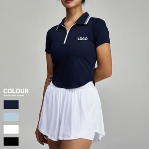 Camiseta de golf para mujer, con rayas blancas, tejida, con media cremallera frontal, manga corta, top deportivo corto - Product Image 1