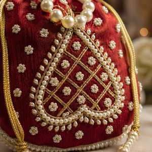 Handmade Red Silk Potli <b>Bag</b> With Pearl Embroidery Round Shape Drawstring Purse <b>For</b> Wedding Party Festive Wear <b>Needle</b> Work - Product Image 6